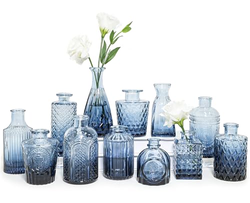 SUPMIND Glass Bud Vase Set of 12, Small Blue Flower Vases for Centerpieces in Bulk, Mini Vintage Vase for Wedding, Home,Table Decoration - color: Blue, size: 12Pcs