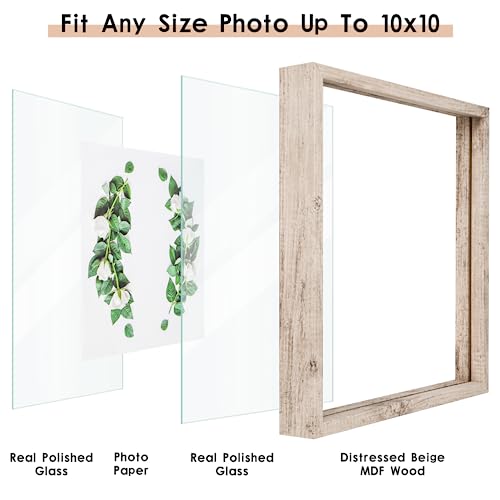MUYE 10x10 Floating Frame Distressed Beige White Wood Pattern,Double Glass Square Picture Frame Display Any Size Photo up to 10x10,Wall Mount or Tabletop,2 Pack - color: Beige, size: 10x10