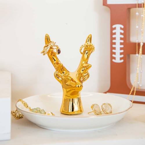 Gold Deer Ring Holder Dish, Ceramic Jewelry Tray Trinket Dish for Necklace Keychain Organizer, Cute Funny Birthday Wedding Mothers Day Gift for Women Friends Girls - style: Gold Deer