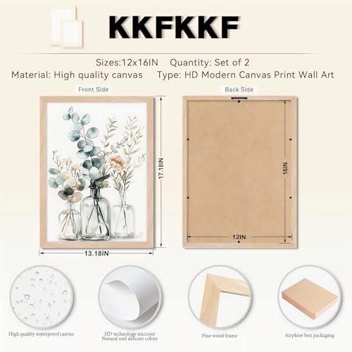Framed Botanical Wall Art Set of 2 Minimalist Eucalyptus Floral Canvas Prints with Solid Wood Frame & Acrylic Cover, Neutral Modern Nature Watercolor painting for Living Room Bedroom Home Decor 12X16IN - color: Boho Eucalyptus Framed, size: 16"L x 12"W