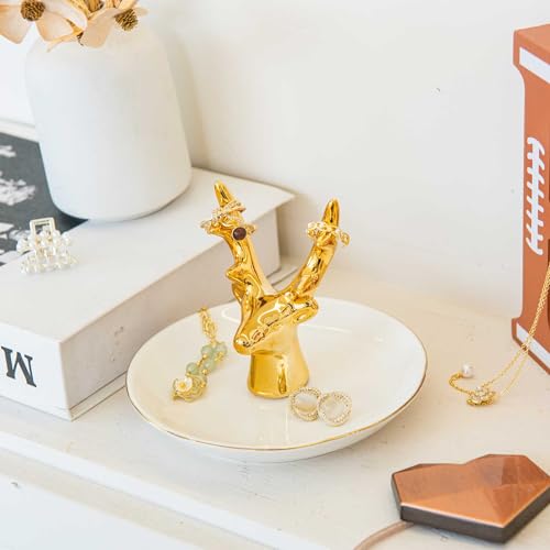 Gold Deer Ring Holder Dish, Ceramic Jewelry Tray Trinket Dish for Necklace Keychain Organizer, Cute Funny Birthday Wedding Mothers Day Gift for Women Friends Girls - style: Gold Deer