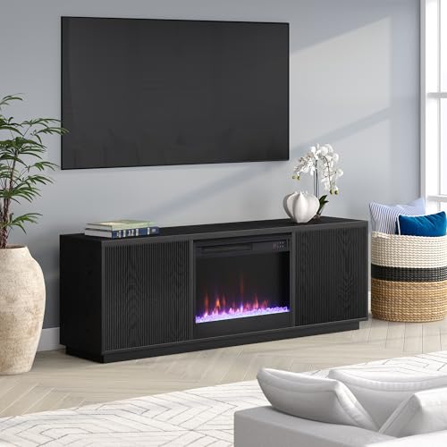 Henn&Hart Fluted TV Stand for TVs up to 75" with 26" Electric Crystal Rocks Fireplace and Ribbed Side Storage Cabinets for Living Room, Family Room, or Office, Natural Black - color: Natural Black, size: 70" TV Stand with Fireplace