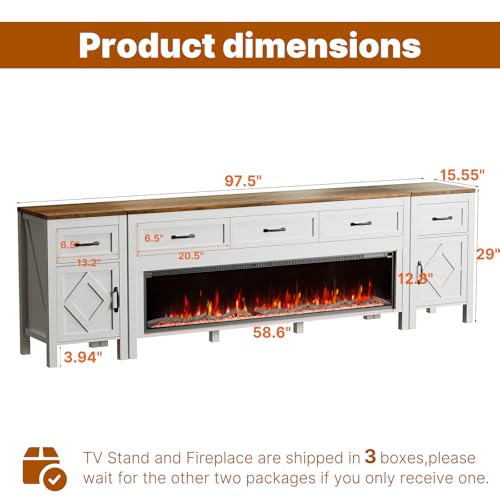 BVIUNTWO Modern TV Stand with Fireplace for TVs Up to 100 Inch,Entertainment Center with 60" Electric Fireplace,98" TV Console with Storage Cabinet Drawers for Living Room(Off White) - size: 98 Inch