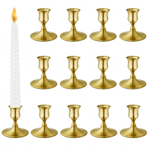 Vintage Brass Gold Taper Candle Holders, Set of 12, Metal Taper Candlestick Holder for Dinner Room Table Centerpiece, Wedding Reception, Festive,Mantel Decoration, Home Decor (Brass Gold, Set of 12) - color: Brass Gold, size: Set of 12