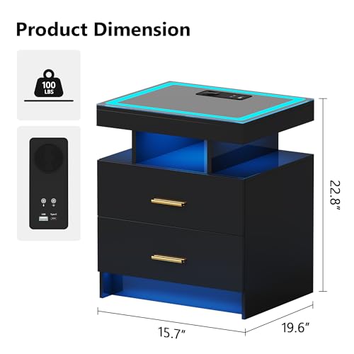 Smart LED Nightstand Set of 2 - with - Modern Night Stand with Wireless Charging Station, Glass Top Bedside Table with Drawers for Bedroom, Glossy End Table with Human Body Induction (Black) - color: Black X2 2 Drawers-glass Top