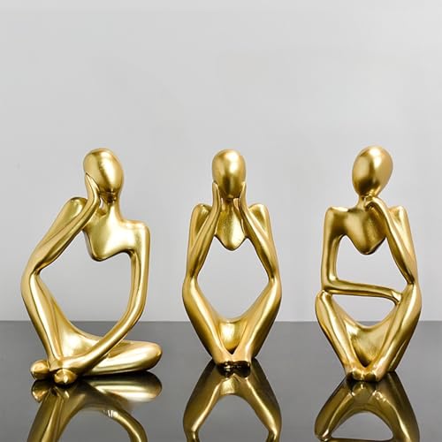 Thinker Statues Home Decor, Set of 3 Pcs Golden Resin Trendy Abstract Art Sculpture Collectible Figurines Home Office Bookshelf Bedrooms Living Room Coffee Shops Desktop Decoration Aesthetic Ornaments - color: Gold
