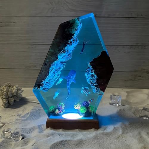 Ocean Creative Epoxy Resin Wood Light Lamp, Handmade Multi Color Aquatic Ocean Lamp Deep Sea Diver Cave Diving Enthusiasts Led Night Light Desktop Decor Christmas Birthday Gift (Shark And Diver, S) - color: Shark and Diver