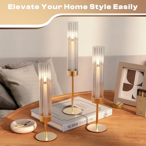 Gold Hurricane Candle Holders: Fluted Candlestick Holders for Wedding Tall Brass Taper Candle Holder Modern Candle Sticks Holder Decor for Table Centerpiece Party Birthday Christmas Set of 6 - size: Set of 6