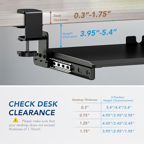 AX WABER Keyboard Tray Under Desk Pull Out with 3 Height Adjustable Extra Sturdy C Clamp Mount System, 32.8 (38 inch Including Clamps) x 12 Inch Slide-Out Platform Computer Drawer for Typing - color: Black, size: 38"x 12”Keyboard Tray
