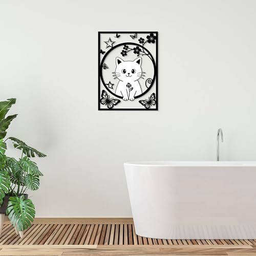 GlintHome Large Metal Wall Art - Cat Decor Flower and Butterflies Wall Sculptures for Bathroom Bedroom Living Room Kitchen Office Garden Home Wall Decoration - 11x14 Inches - color: Black-1, size: Small