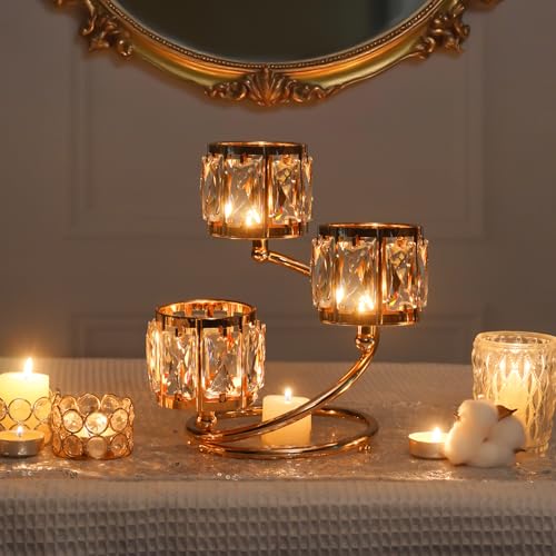 Metal 3 Arm Crystal Candle Holder - Tea Light Centerpiece Candle Holder, Votive Holder with Sparkling Crystal Bowl, Suitable for Wedding, Table Centerpiece, Home Decor (1, 3 arm-Gold) - size: 3 arm-Gold