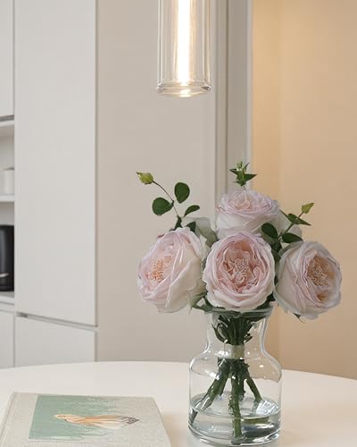 CHASMILE Lifelike Artificial Light Pink Rose Bouquet in Vase - 3D Petals & Stem Design - Table Centerpiece for Wedding, Restaurant, or Home Dining Room - color: Light Pink Simulated Rose With Vase