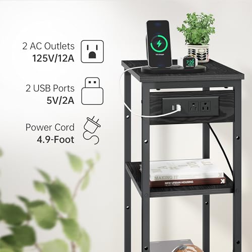 Asgolion Tall Nightstand with Charging Station, 3 Tier Narrow Tall End Table with Storage, Slim Side Table with USB Ports and Outlets for Bedroom, Living Room, Office, Black - color: Black, style: With Outlet