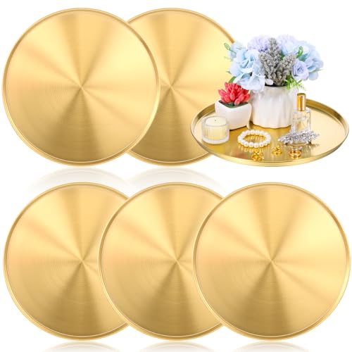Molain 12 Inch Gold Tray, 6 Pcs Round Serving Stainless Steel Circle Platter Decorative Plate Coffee Table Makeup Organizer Dishes for Bar Display Food Kitchen Dessert Cart Bathroom Candle Display