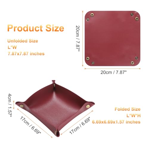 HARFINGTON 4pcs PU Leather Valet Tray Unisex Folding Small Catchall Tray Portable Entryway Table Tray Nightstand Bedside Desk Tray for Key Wallet Watch Coin Jewelry Dice, Wine Red - color: Wine Red