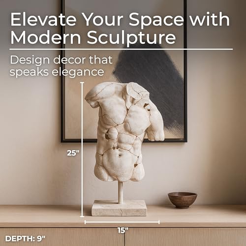 Resin Male Torso Sculpture – Contemporary Figurine, Accent for Bookshelf Styling, Coffee Tables, Shelves or Entryways – Artistic Home Decor Object for Living Room or Office - 25", White - color: White