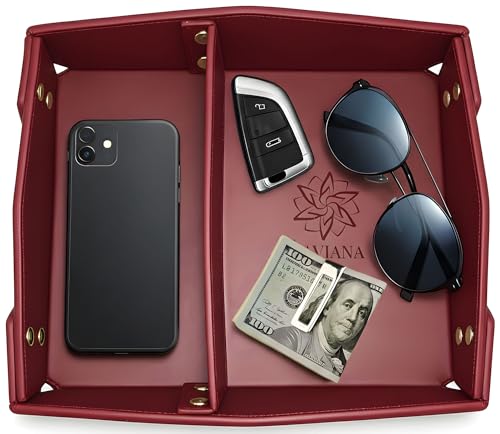 Valet Tray Organizer for Men & Women - PU Leather Catch All Tray with Removable Divider - EDC Storage for Keys, Watch, Phone - Nightstand, Dresser & Desk Organizer - Crimson Merlot - color: Crimson Merlot