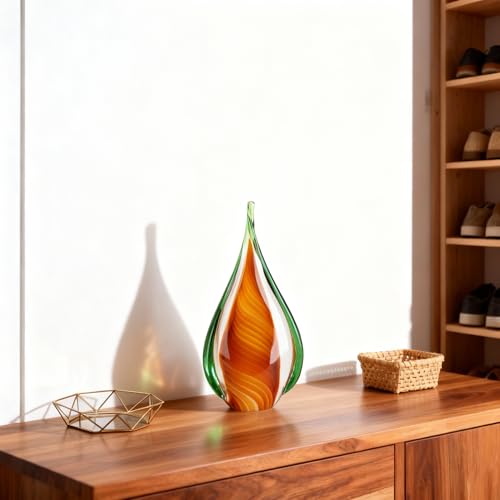 DOVDOV Blown Glass Sculpture, Green and Brown Glass Art Collectible Statue, Unique Teardrop Ornament, Suitable for Office, Bookshelf, Dressing Table, Living Room Coffee Table, or Mantelpiece Display. - color: E