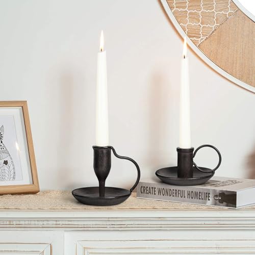 Matte Black Iron Candle Holder with Handle 2 Pcs Taper Candle Sticks Holder Decor Farmhouse Candlestick Holders for Home Wedding Party Dinning Table Centerpiece - color: Black&brown