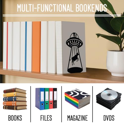 WADORN 1 Pair Alien UFO Cow Metal Decorative Bookend for Shelves, Heavy Duty Book Ends Modern Non-Skid Books Holder Stand Black Book Support Stoppers for Desk Bookshelf Office Home, 5.3x4.3x7.8 Inch - color: Alien Ufo Cow