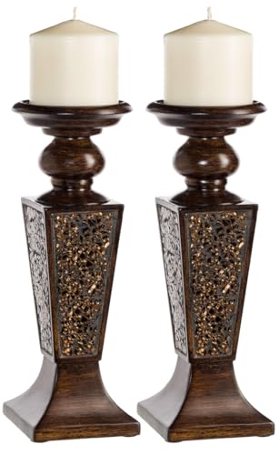 Creative Scents Schonwerk Brown Pillar Candle Holder Set of 2- Crackled Mosaic Design- Functional Table Decorations- Centerpieces for Dining/Living Room- Best Wedding Gift - color: Schonwerk Brown