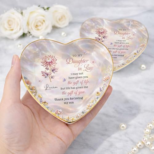 Personalized Daughter in Law Gifts Heart Shaped Jewelry Dish, Sentimental Gift from Mother-in-law, Custom Birth Flower, Birthday Gift for Daughter in Law Appreciation Present - color: Daughter In Law 132