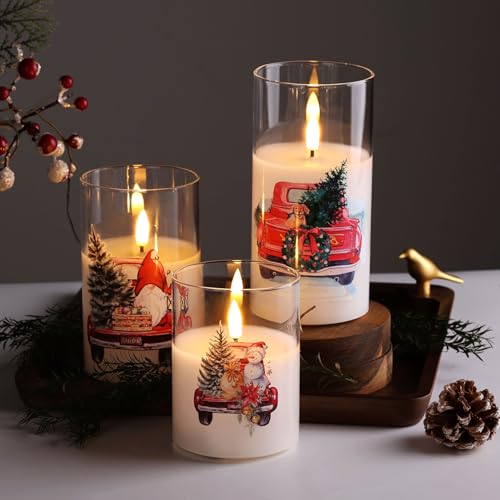 Eywamage Christmas Glass Flameless Candles with Remote, Flickering LED Pillar Candles Holiday Table Decor Gift Set of 3 - color: Red Truck