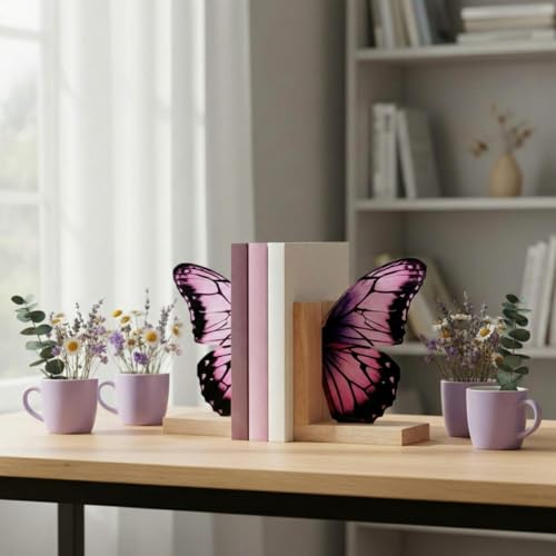 Decorative Butterfly Bookends Wooden Acrylic Butterflys Bookend Modern Bookshelf Decor Accent Book Stopper Decor for Home Farmhouse Shelves Office Lover Gift(Purple Butterfly) - style: Purple Butterfly