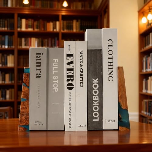 Glow in The Dark Bookends, Wood Bookends for Shelves,Blue Luminous Book Ends with Burl Wood and Resin,Decorative Book Stopper Binder and Dividers, Blue, Large,Unique Desk Decor for Home Office Library - color: Blue