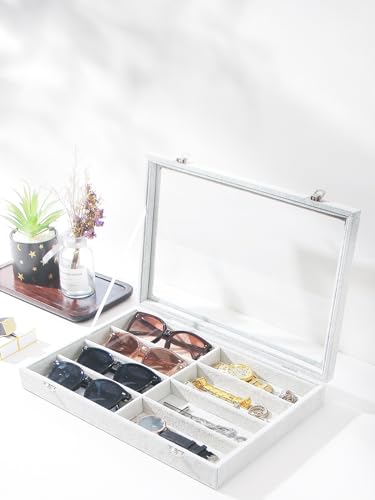 Coward Sunglass Organizer Tray Box, Grey Beige Velvet Eyeglasses Display Tray Case with Transparent Glass Lid for Home Use or Store Shop Selling Show - color: Grey Beige Velvet, size: Sunglass Box