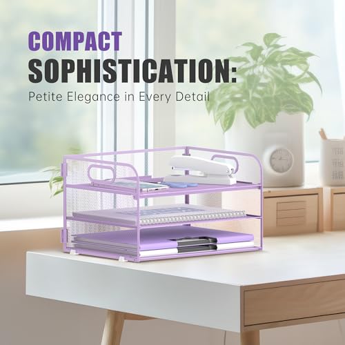 DALTACK 3 Tier Paper Organizer with Handle, Mesh Metal Desk Organizer with Sliding Paper Trays for Letter/A4 Paper, Mail, Bills & Folders, Purple - color: Purple
