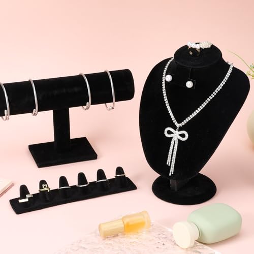 3Pcs Black Velvet Jewelry Display Set, Including Necklace Mannequin Bust Stand, T Shape Bracelet Stand, Ring Finger Jewelry Holder, for Retail Display Organization Home Decor