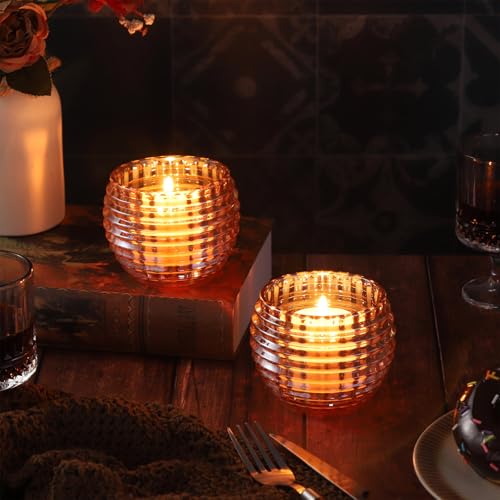 2 Pack Amber Glass Votive Candle Holders for Home Decor Round Bubble Tea Light Holder for Valentine’s Day Table Centerpiece Wedding - color: Yellow