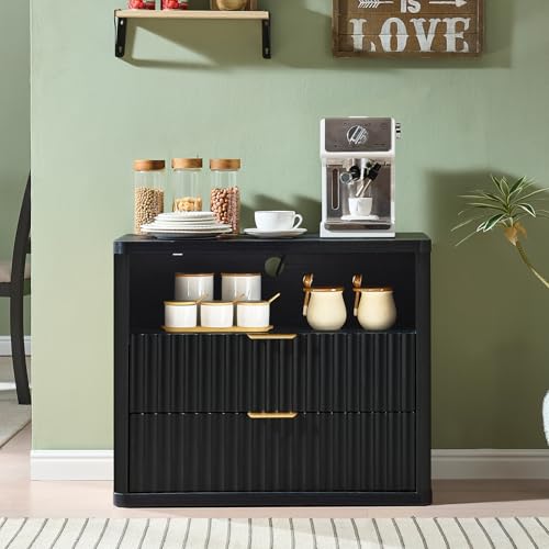 LEYAOYAO 31" Wide Fluted Nightstand with Charging Station, Oversized Extra Large 2 Drawers Night Stand,Black Wood Bedside Table,Tall Bed Side End Tables,Modern Chest of Drawers Dressers for Bedroom - color: Black, size: 2 Drawers