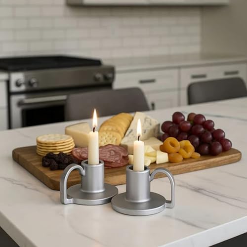 Ceramic Taper Candle Holders with Handle (Set of 2) – Tall Candlestick Holders for Table Decor Centerpieces, Rustic Home Décor, and Dinner Table Styling Matte Titanium - color: Matt Titanium