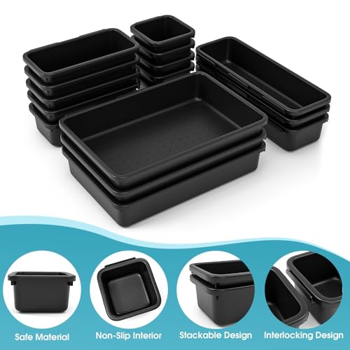 16 PCS Drawer Organizer Set, 4 Size Makeup Drawer Divider Organizer With Non-Slip Pads, Interlocking Plastic Storage Bins for Office,Jewelry Vanity,Gadgets, Bathroom,Kitchen, Black - color: Black, size: 16Pack