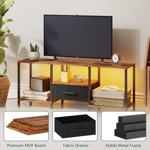 JARHETUN TV Stand with LED Lights, Entertainment Center with Open Shelves and Fabric Drawer, Media Console for 55 Inch TV, Television Stands, Living Room Furniture, Bedroom, Rustic Brown - color: Rustic Brown With Led Light, size: 46.1 Inches