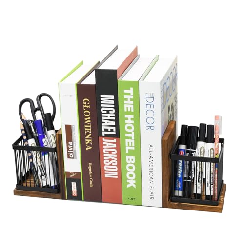 Owlgift Rustic Burnt Wood Decorative Bookends for Heavy Books with Matte Black Metal Wire Basket Pencil Holder and Office Supplies Storage Baskets Bins for Home, Office, Classroom, Dorm Room