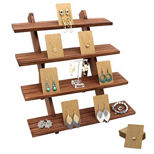 51pcs 4-Tier Wood Earring Display Stand, Retail Display Riser Earring, Ring Holder Stand, Removable Countertop Small Merchandise Display Stand with 50 Pcs Earring Card (Light brown) - color: 4 Tier
