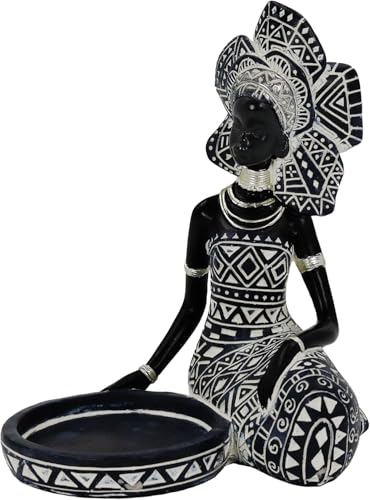 African Woman Candle Holder Statue – Tribal Resin Figurine for Tea Lights or Pillar Candles, Afrocentric Boho Home Decor for Living Room, Meditation Space, Bookshelf - color: 754black