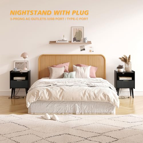 YAUKOMEL Fluted Nightstand with Charging Station, Modern Bedside Table with Drawer,Black Nightstand with Solid Wood Legs, End Table,Side Table for Living Room,Bedroom Black CTG57BKE - color: Black With Charging Station