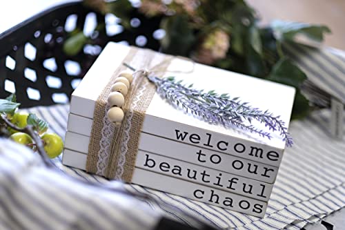 Lavender Inspired Welcome to Our Beautiful Chaos - Rustic Farmhouse Stacked Books - Set of 4 Wooden Book Bundle - Farmhouse Home Decor - Housewarming Gift - color: Welcome to Our Beautiful Chaos