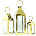 Allgala 3-PC Lantern Set 24 Inch Jumbo Deluxe Modern Indoor/Outdoor Candle Lantern Set Gold Stainless Steel Frame Tempered Glass Pyramid Top for Garden Poolside Fireplace Wedding - color: Pyramid Top Gold