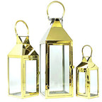Allgala 3-PC Lantern Set 24 Inch Jumbo Deluxe Modern Indoor/Outdoor Candle Lantern Set Gold Stainless Steel Frame Tempered Glass Pyramid Top for Garden Poolside Fireplace Wedding - color: Pyramid Top Gold
