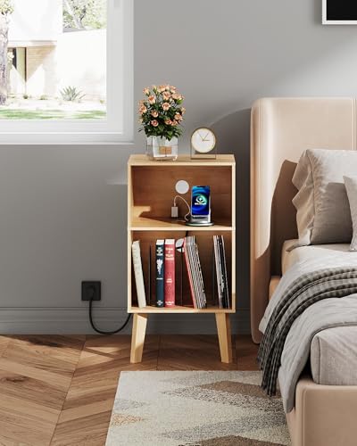 WLIVE Modern Nightstand with Storage, Small Space Bedside Table, End Table for Bedroom & Living Room, Mid Century Night Stand with Open Shelf & Sturdy Wood Legs, Light Oak - color: Natural Oak
