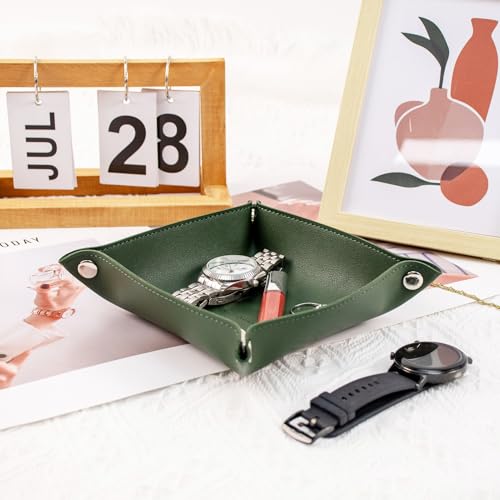 SANQIANWAN PU Leather Arc Edge Jewelry Valet Tray for Man and Women, Portable Mini Entryway Table Tray Bedside Nightstand Desk Tray Small Travel Dish Plate for Key,Wallet,Watch,Coin (DarkGreen) - color: Darkgreen