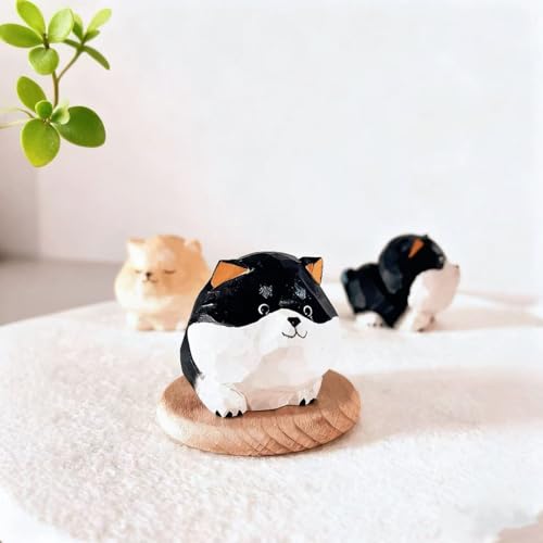 Hand Carved Black Shiba Inu Figurine with Round Wood Base – Cute Chubby Shiba Wooden Dog Statue, Handmade Desk Decor, Adorable Collectible Sculpture, Unique Gift for Dog Lovers & Pet Owners - color: Black Shiba Inu