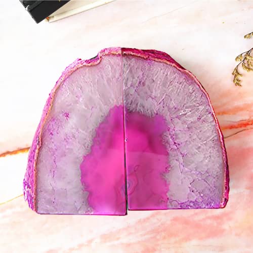 JIC Gem Decorative Crystal Book Ends Polished Dyed Pink Color Geode Brazilian Agate Bookends with Rubber Bumpers Small Size(1 Pair, 2-3 LBS) - color: Pink Dyed, size: 2-3LBS.
