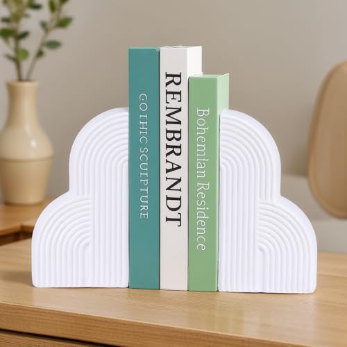 Decorative Bookends for Shelves Set of 2 – Heavy Duty White Resin Bookends, Boho Aesthetic Minimalist Geometric Book Ends, Modern Book Stoppers for Heavy Books, Office Desk, Home or Library Decor - color: White
