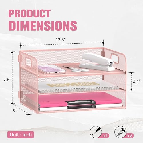 DALTACK 3 Tier Paper Organizer with Handle, Mesh Metal Desk Organizer with Sliding Paper Trays for Letter/A4 Paper, Mail, Bills & Folders, Pink - color: Pink